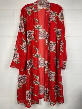 Jorja Floral Kimono Duster Cardigan XL Red Sheer Pinstripe Long Beach Cover Up